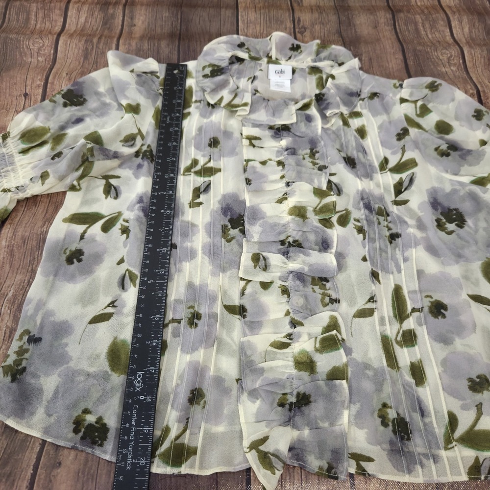 Cabi Printed Cherish Blouse Womens S Sage Green Sheer Cottagecore Romantic - Picture 4 of 10